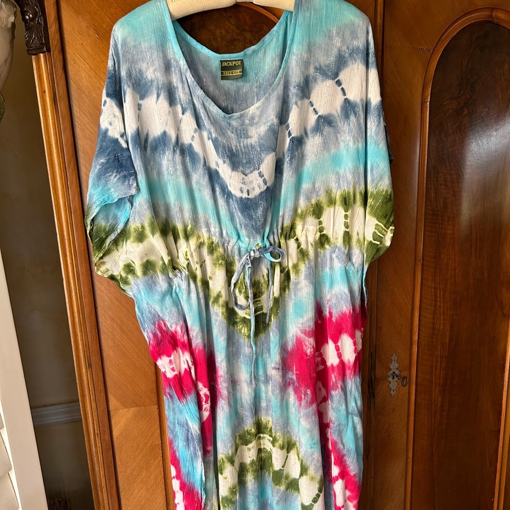 Rainbow loose dress Jack Pot Ikat summer caftan O sz cotton multi color 52” lg